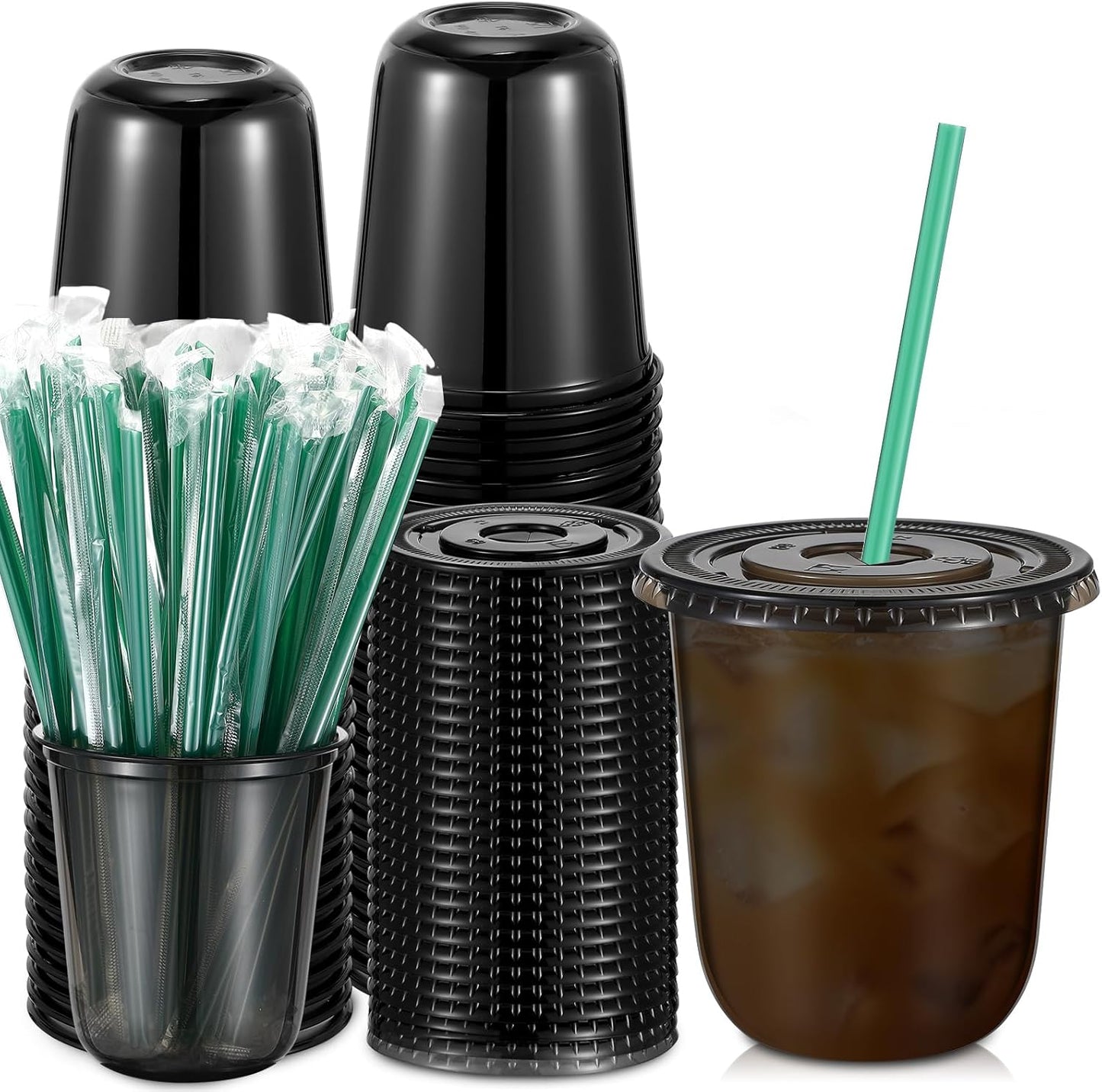 Baderke 25 Set Plastic Cups with Lids and Straws, Disposable Plastic Iced Coffee Cup for Cold Beverage Juice Smoothie Crystal for Coffee Shops Party Catering(Clear,16 oz)