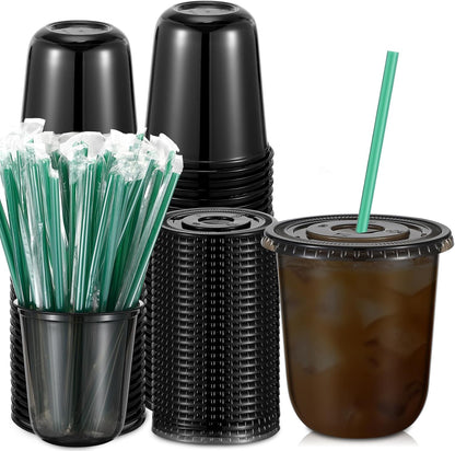 Baderke 25 Set Plastic Cups with Lids and Straws, Disposable Plastic Iced Coffee Cup for Cold Beverage Juice Smoothie Crystal for Coffee Shops Party Catering(Clear,16 oz)