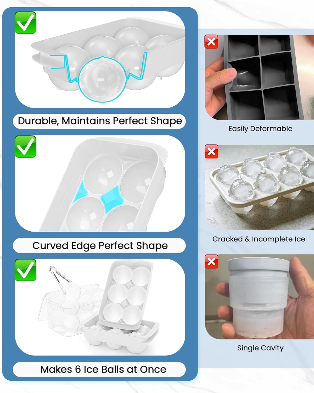 Large Ice Cube Tray for Freezer - 2 Pack Stackable Round Ice Cube Molds Set, Easy to Fill & Release with Storage Bin and Tongs for Kitchen, Party, Cocktail & Coffee, Gifts for Whiskey Lover (1.93In)