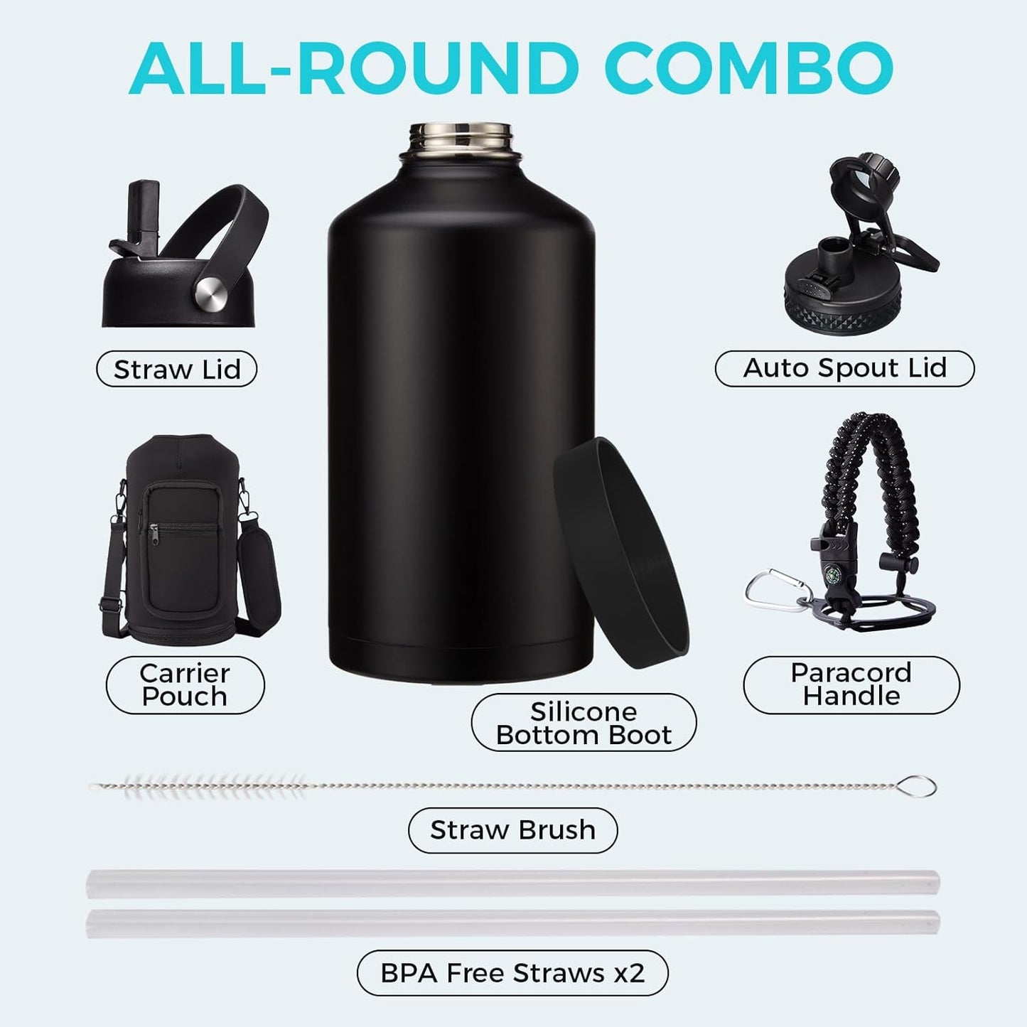 32/40/64OZ Insulated Water Bottle - Keep Cold 48H Hot 24H, Combo Straw/Spout Lids, Paracord Handle for Gym/Hiking, Carrier Bag +Strap, Cup Mat, BPA-Free Stainless Steel Flask Jug