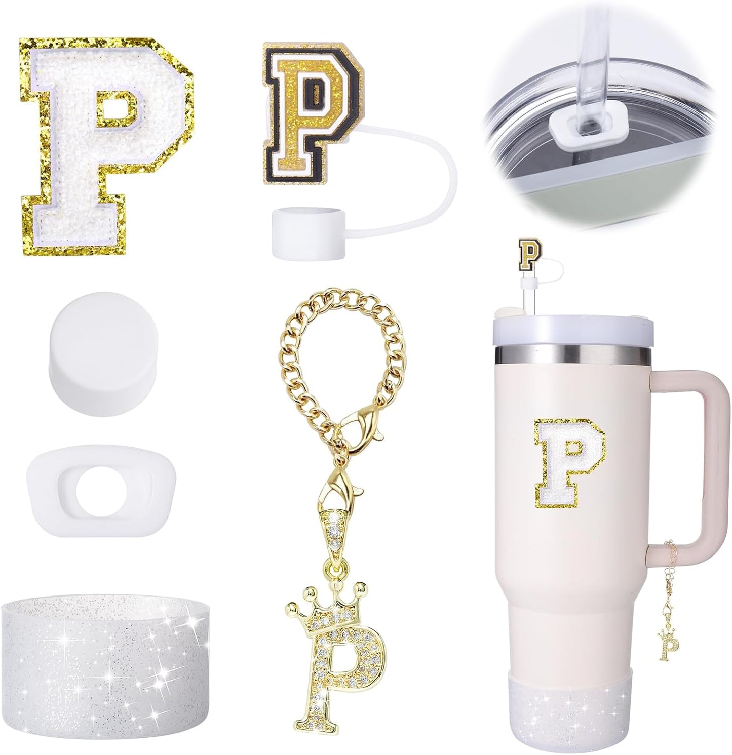 Mity Rain 6pc Cup Accessories Set for Stanley 30 oz & 40 oz Tumbler with Handle, Including Straw Cover Cap, Cup Initials Charm, Silicone Boot, Round & Square Spill Proof Stopper