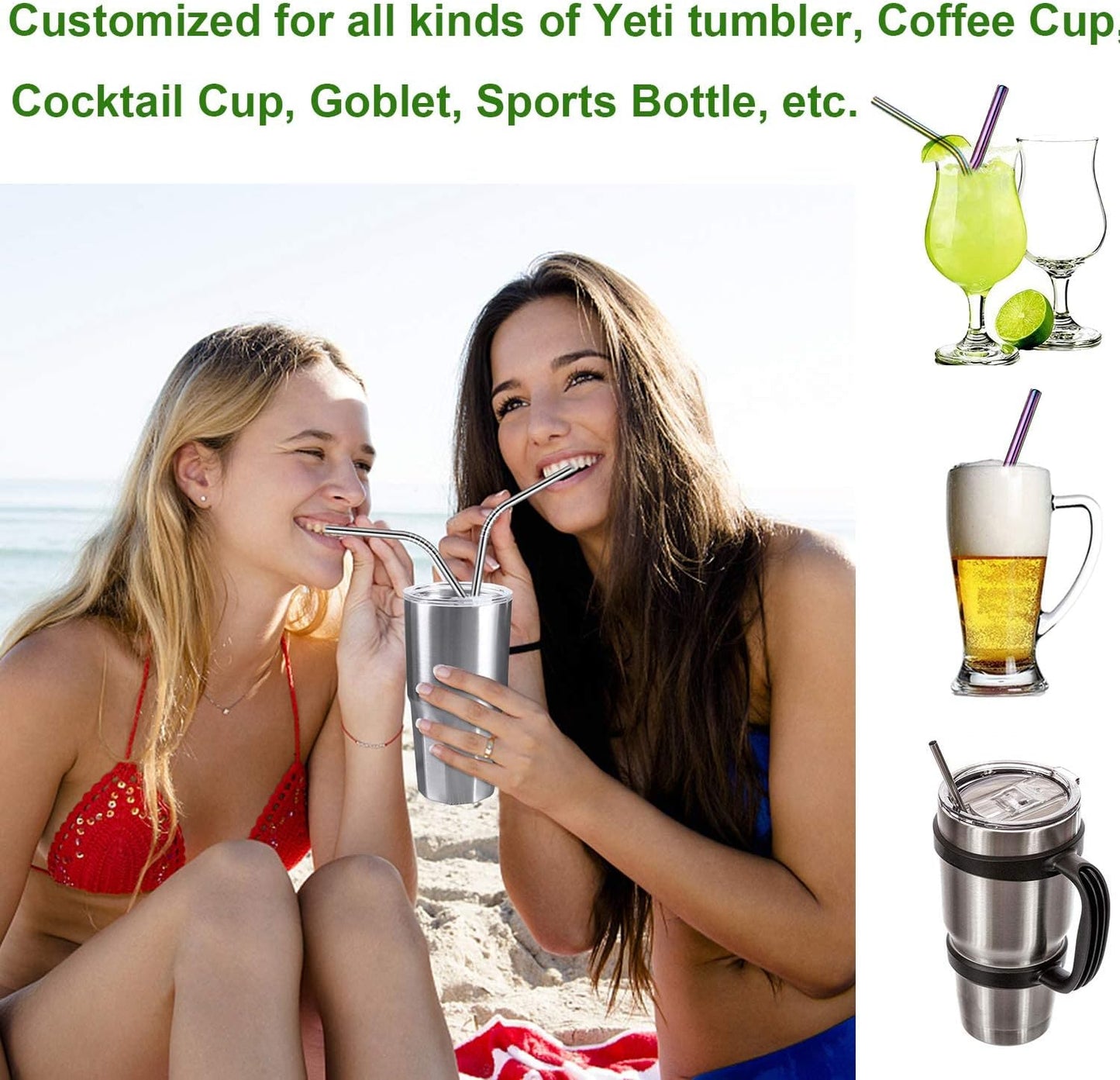 VEHHE Metal Straws Stainless Steel Straws Drinking Straws Reusable - 10.5" Ultra Long 4 + 1 - W/Cleaning Brush for 20/30 Oz for Yeti RTIC SIC Ozark Trail Tumblers (2 Straight|2 Bent|1 Brush)