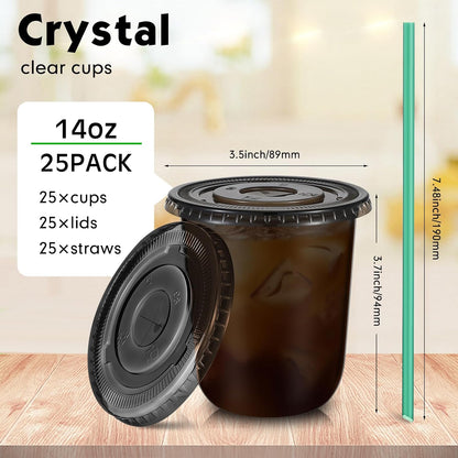 Baderke 25 Set Plastic Cups with Lids and Straws, Disposable Plastic Iced Coffee Cup for Cold Beverage Juice Smoothie Crystal for Coffee Shops Party Catering(Clear,16 oz)