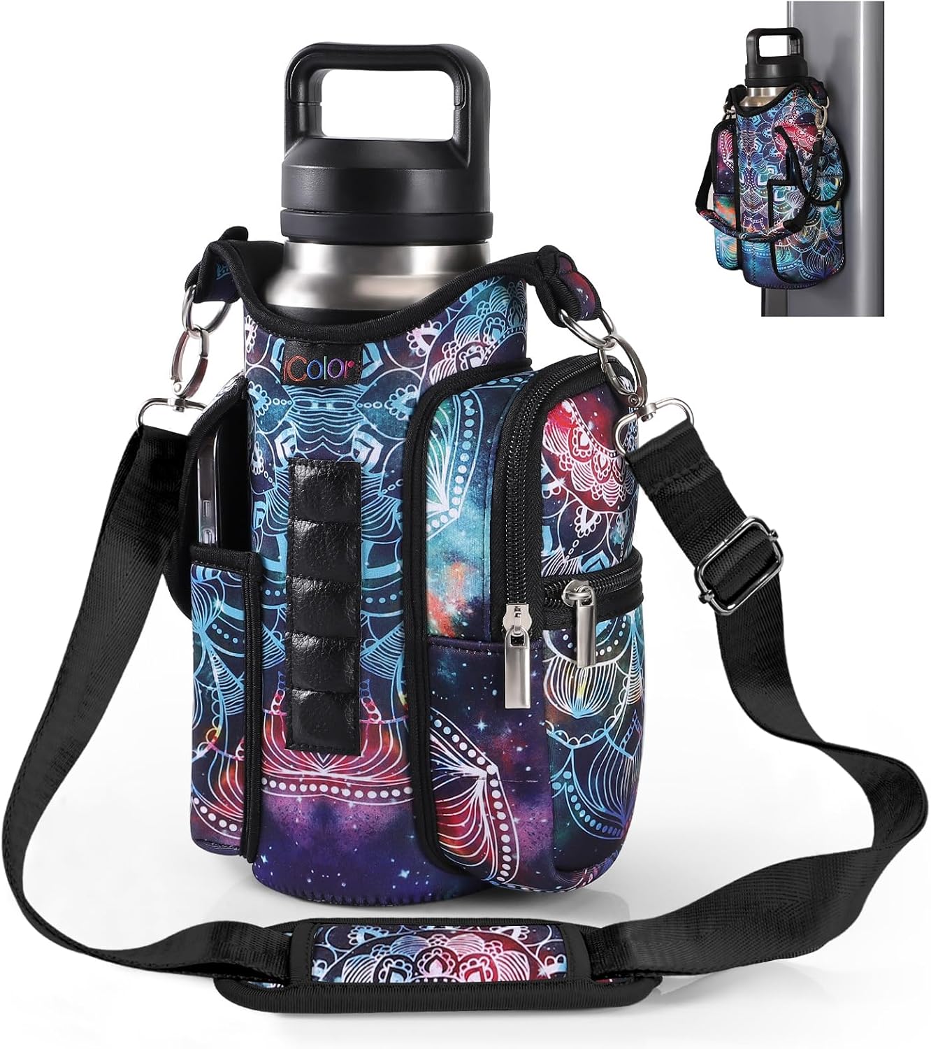 icolor Magnetic Gym Bag Water Bottle Carrier Holder with Phone Pockets & Shoulder Strap,Gym Magnetic Bag 5 Built-in Magnets Gym Accessories Organizer Sling Bottle Bag Pouch Sleeve