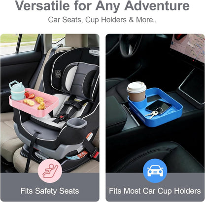 Car Seat Snack Tray for Toddlers - 3 Inch Cup Holder Fits Most Sippy Cups & Straw Bottles with Dip Well, Mess-Free Square Kids Travel Tray Road Trip Essentials, Black