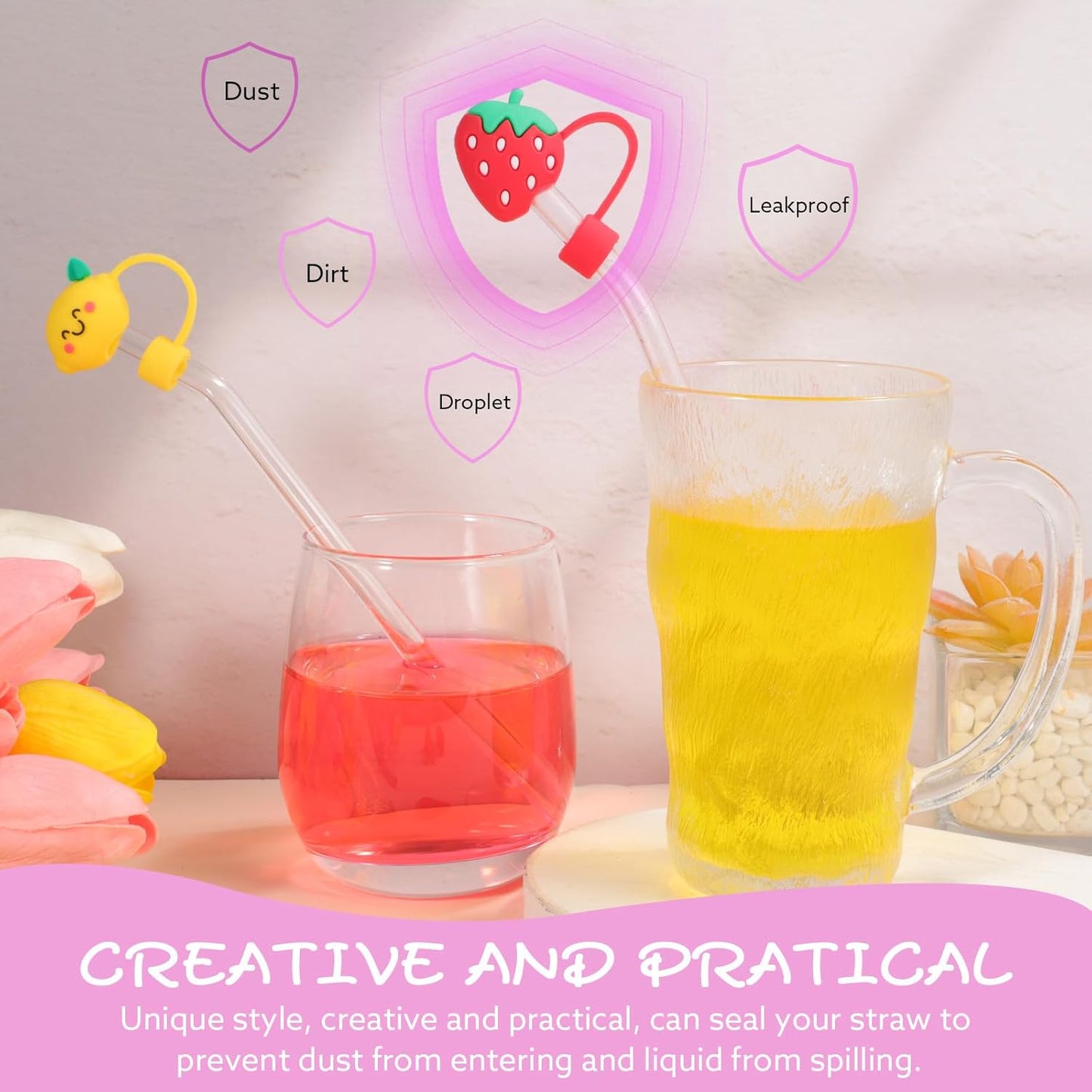 8 Pcs Animal Straw Cover Cap, Silicone Straw Topper for Stanley 30&40 Oz Tumbler Cute Straws Cap in Various Shapes, Straws Covers for 0.4 Inch/10 mm Tips Gifts for Women Girls Teens
