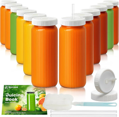 Ruckae 16oz 10 Pack Juice Bottles, Glass Bottles with Lids, Smoothie Cup Lids and Straws, Water Bottle Mason Jar Drinking Glasses for Juicing, Smoothies, Kombucha