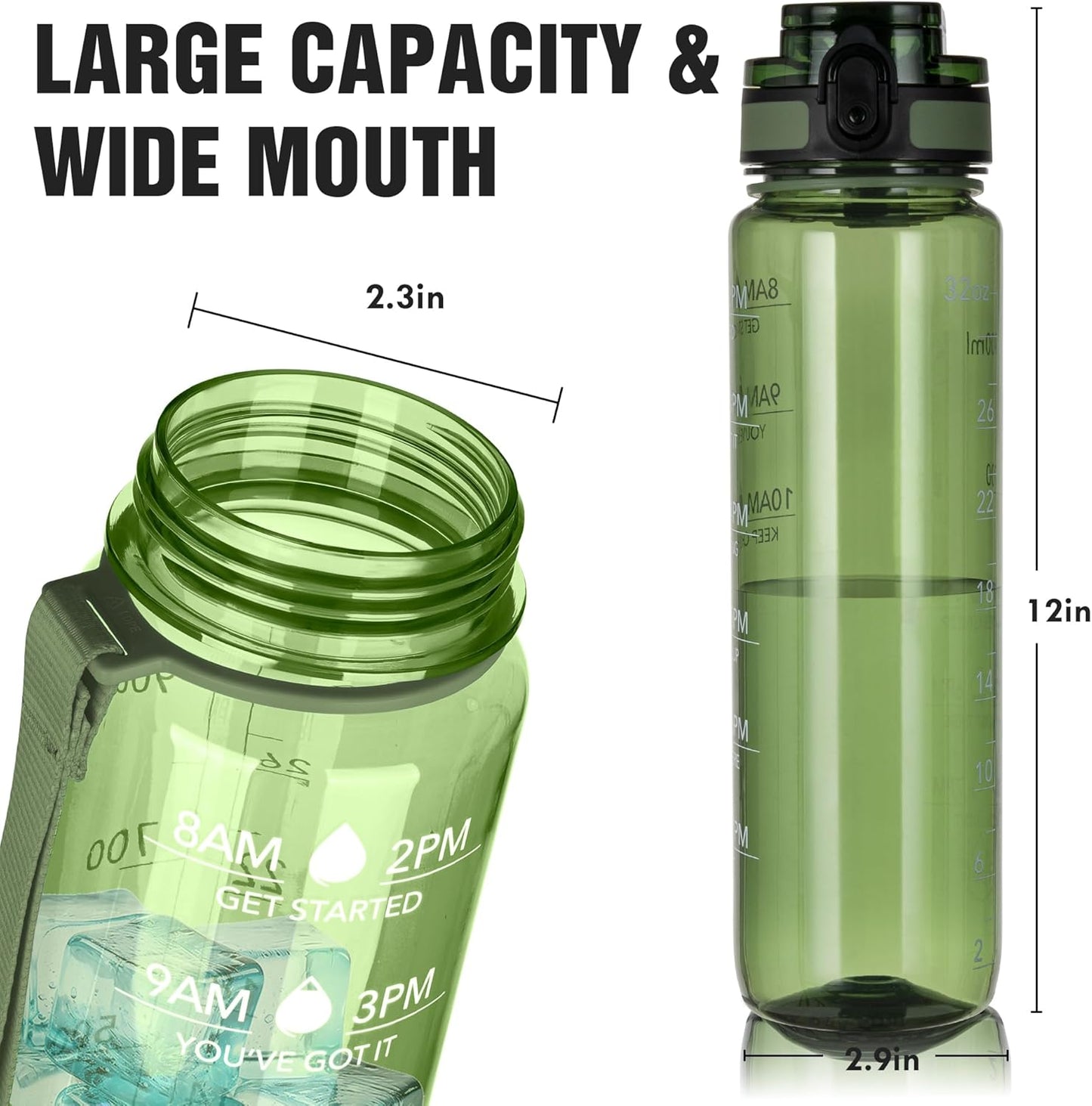 OLDLEY Water Bottle, 32oz Motivational Sports Water Bottle with Time Marker - Times to Drink - Tritan, BPA Free, Wide Mouth Leakproof, Clear (1 Bottle)