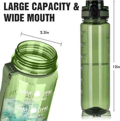 OLDLEY Water Bottle, 32oz Motivational Sports Water Bottle with Time Marker - Times to Drink - Tritan, BPA Free, Wide Mouth Leakproof, Clear (1 Bottle)