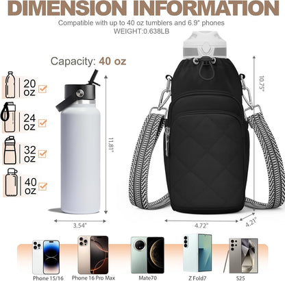 SYTRAH Water Bottle Bag Crossbody，Insulated Water Bottle Purse Crossbody Water Bottle Holder with Strap 40 oz