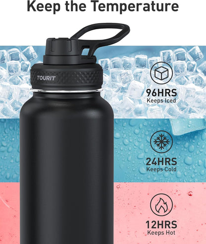 TOURIT 24 oz Insulated Water Bottle, Stainless Steel Water Bottles With Handle, Double-Wall Vacuum Sports Water Bottle, BPA Free Leakproof Water Bottle, Black