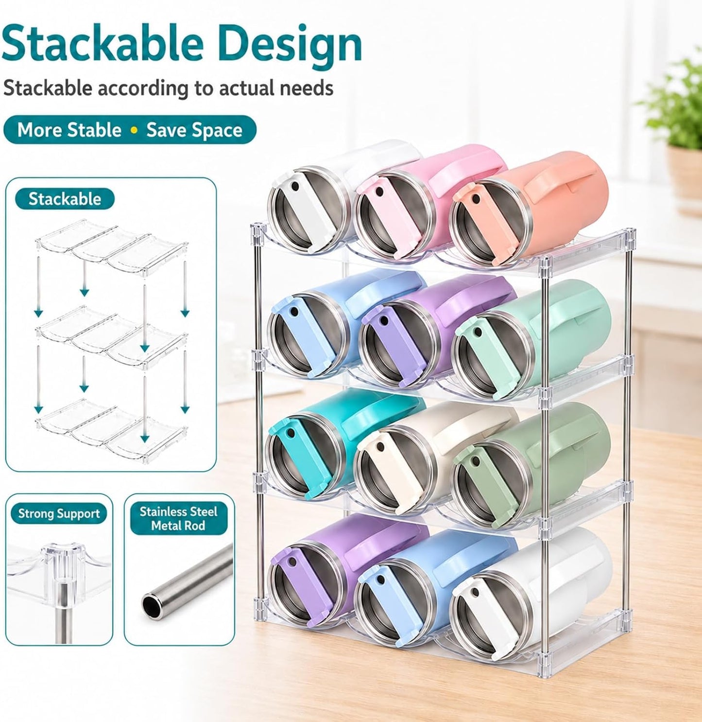 Stackable Water Bottle Organizer for Stanley 40 oz Tumbler, Large Compartment Water Bottle Holder for Cabinet, Clear Tumbler Organizer for Kitchen Countertop Pantry, 4 Pack