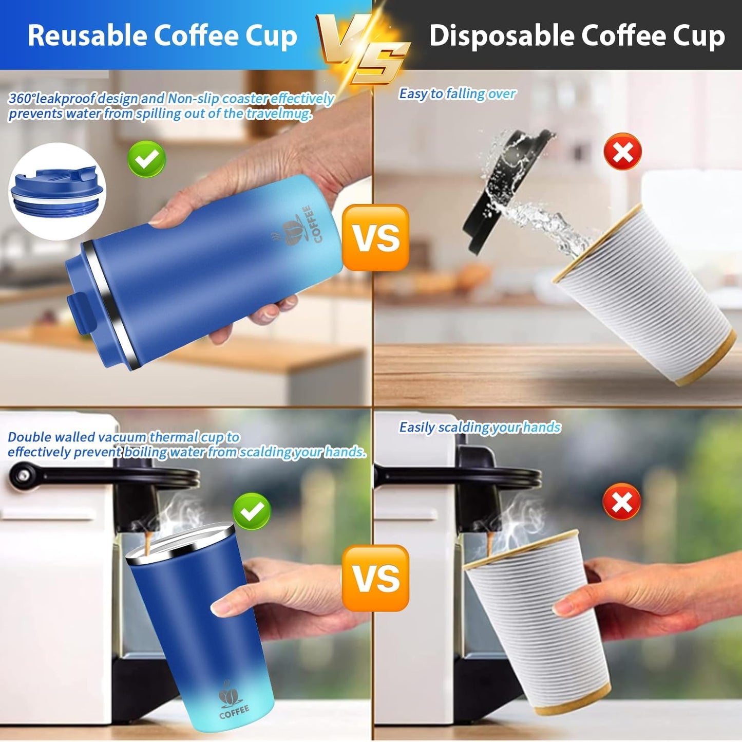Insulated Travel Coffee Mug Reusable Coffee Tumbler Cup with Flip Lid Leak Proof Spill Proof for Office School Party Camping Hot and Cold Drink,Stainless Steel 17oz (Black)