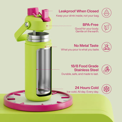 ENCOOL Insulated Water Bottle with Straw Stainless Steel Water Bottle, Leak-Proof, BPA-Free, Double Wall Vacuum Keeps Cold for 24 Hours for Sports, Travel, School (26 oz, Cotton Candy) - Colors A