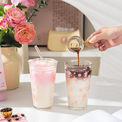 Olvini 15oz Glass Tumbler with Straw and Lid, Cute Iced Coffee Cups, Aesthetic Glass Cups, Coffee Tumbler, Water Cup, Matcha Cup, Drinking Glasses (Clear)