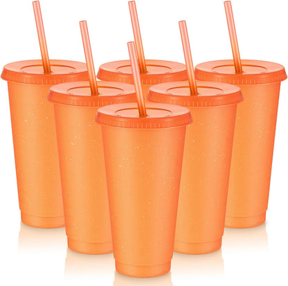 Uiifan 6 Pcs 24 oz Reusable Tumbler with Lids and Straws Plastic Iced Coffee Tumbler Glitter Travel Mug Cup for Smoothie Juices Birthday Party Cold Drink Coffee Cup Bulk for Adult Kid Women (Clear)