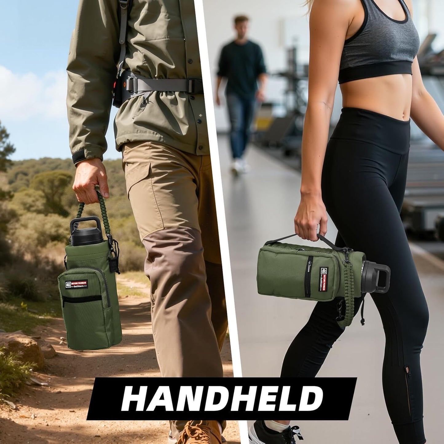 NATURE PIONEOR Water Bottle Holder with Adjustable Strap - 26/32/36/40/46/64oz Insulated Water Bottle Sling Carrier with Paracord Handle & 2 Pockets, Outdoor Sports, Hiking, Camping, Gym