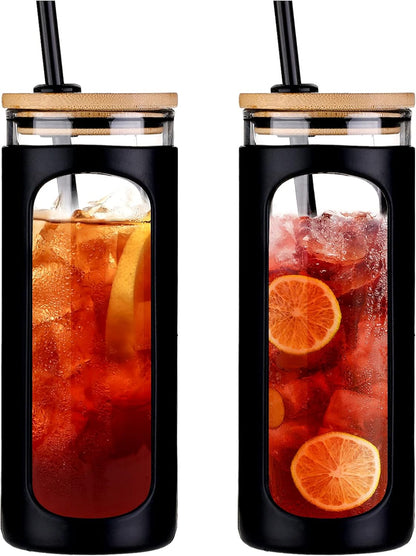 Kodrine 20oz Glass Water Tumbler with Straw and Lid, Bamboo Lids Water Bottle, Iced Coffee Cup Reusable, Wide Mouth Smoothie Cups with Protective Silicone Sleeve BPA FREE-Black - Colors B