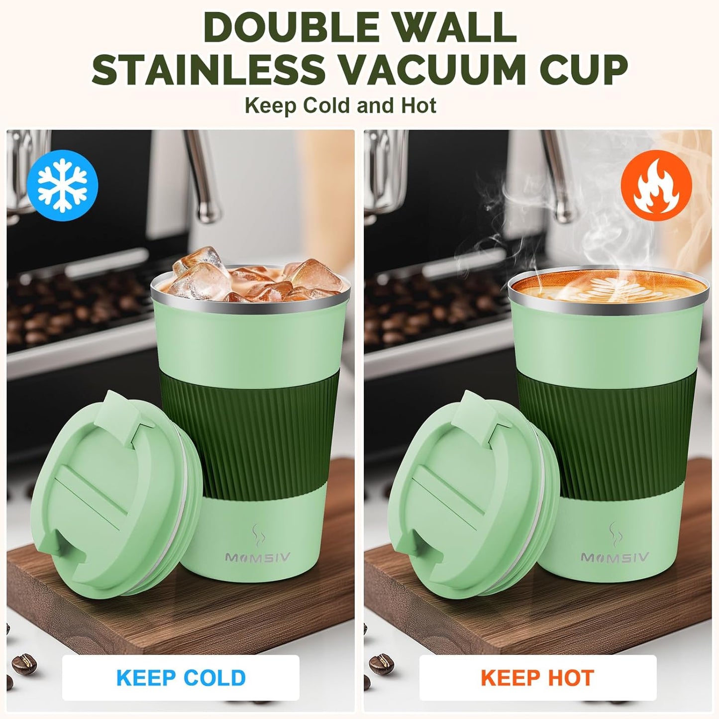 MOMSIV 12oz Travel Mug, Insulated Coffee Cup with Leakproof Lid, Travel Coffee Mug Vacuum Stainless Steel Double Walled Reusable Coffee Cup for Hot and Cold Water Coffee