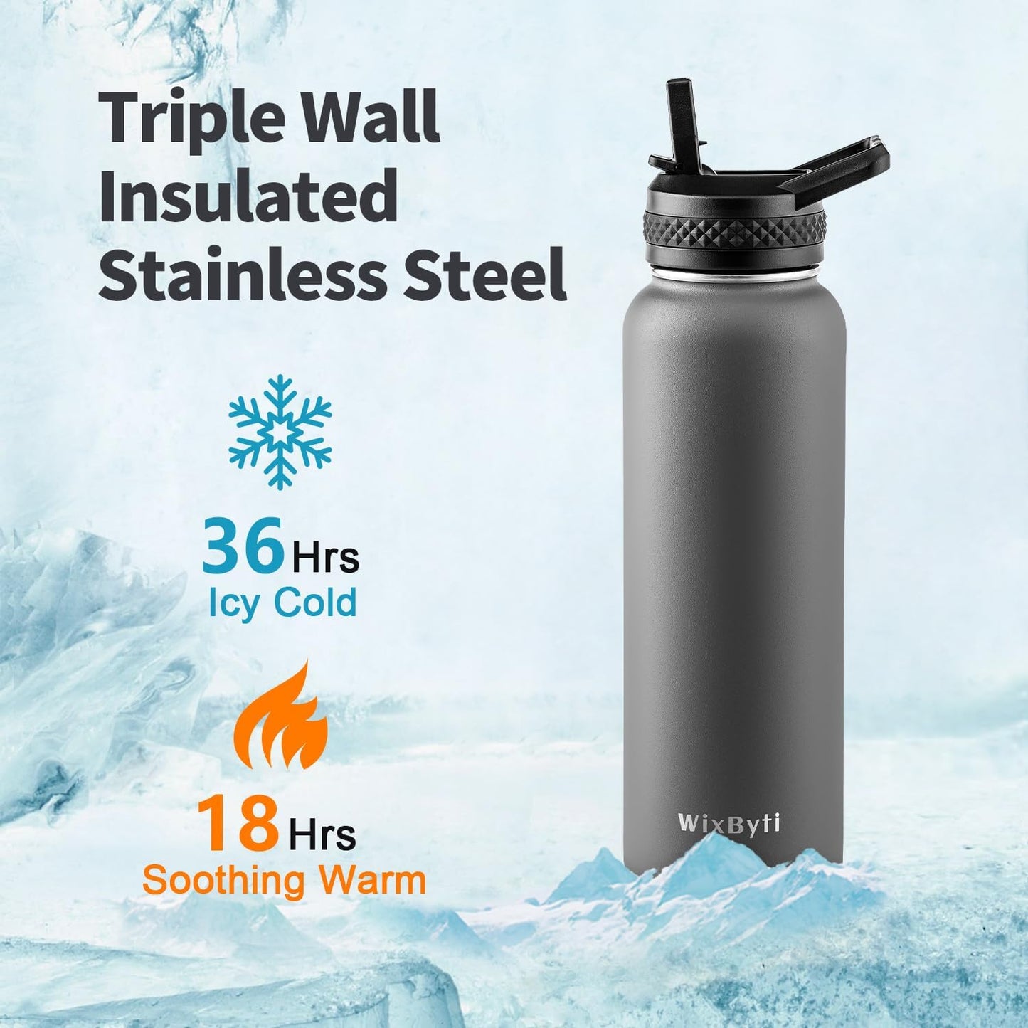 WixByti 40 oz Insulated Water Bottle with Straw (Cold for 36 Hrs), Stainless Steel Triple Wall Vacuum Sports Water Jug, Leakproof Hydro Cup Flask with Paracord Handle & Straw Spout Lids & DIY Stickers