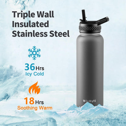 WixByti 40 oz Insulated Water Bottle with Straw (Cold for 36 Hrs), Stainless Steel Triple Wall Vacuum Sports Water Jug, Leakproof Hydro Cup Flask with Paracord Handle & Straw Spout Lids & DIY Stickers