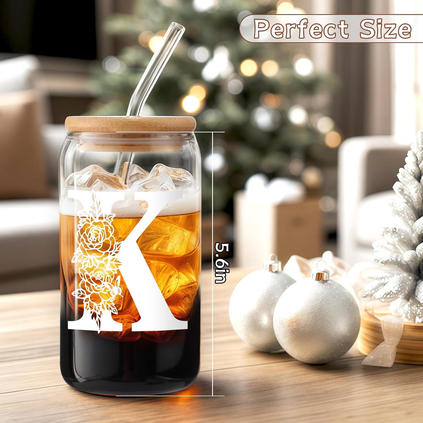 Glass Cups with Lids and Straws: Personalized Initial Glass Cup Be Used As Reusable Iced Coffee Cups with Lids,Cute Matcha Tumbler - The Christmas/Birthday Gifts for Women - M Smoothie Cup