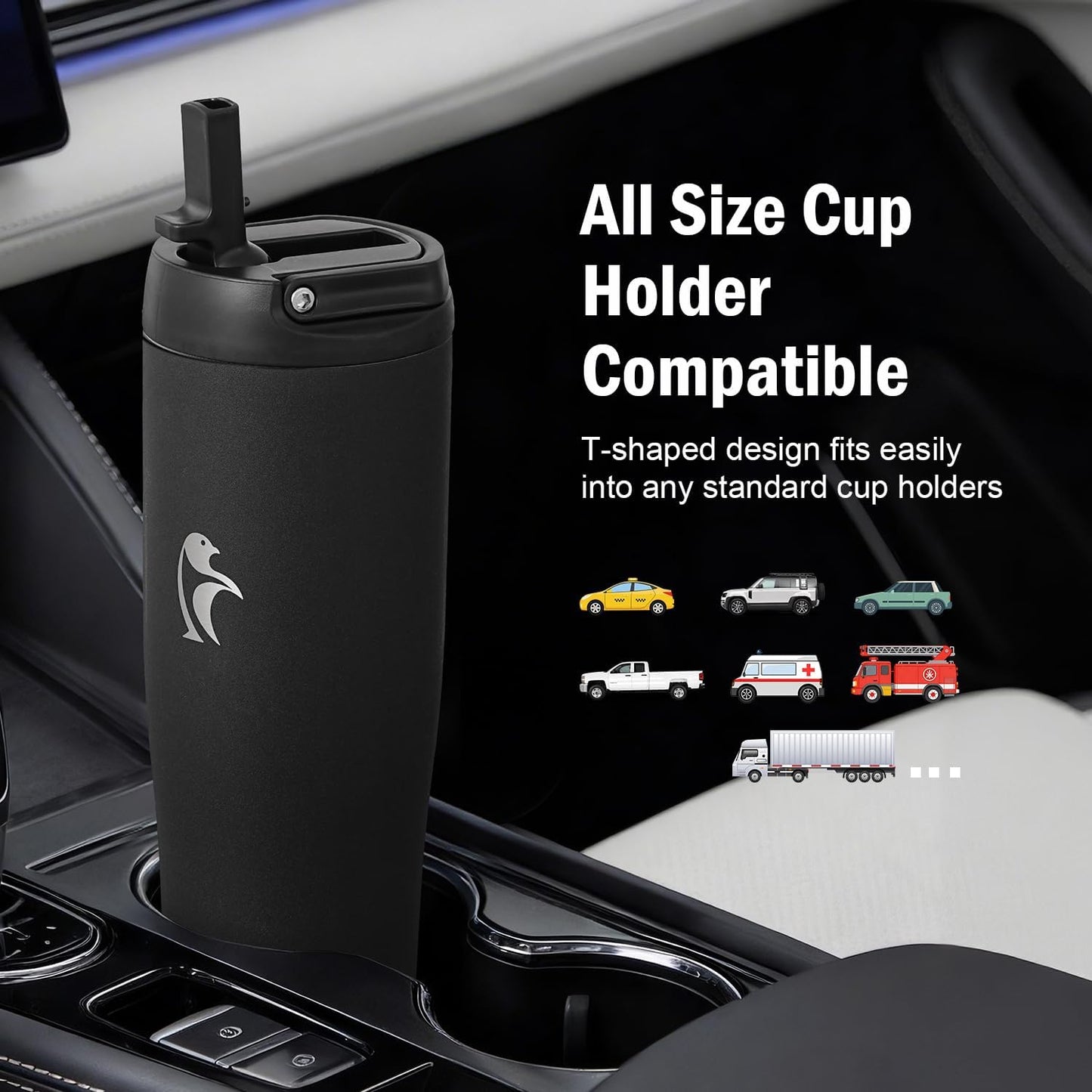 Coolflask Water Bottle 40 oz Fits Car Cup Holder, Slim Tumbler Stainless Steel with Straw & Handle, Vacuum Flask Leakproof Wide Mouth for Travel Sports Gym, Black