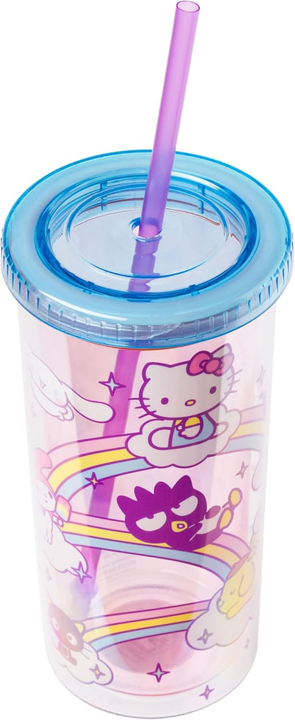 Silver Buffalo Sanrio Hello Kitty Milk Carton Pattern Plastic Boba Tumbler w Lid and Wide Straw, 24 Ounces