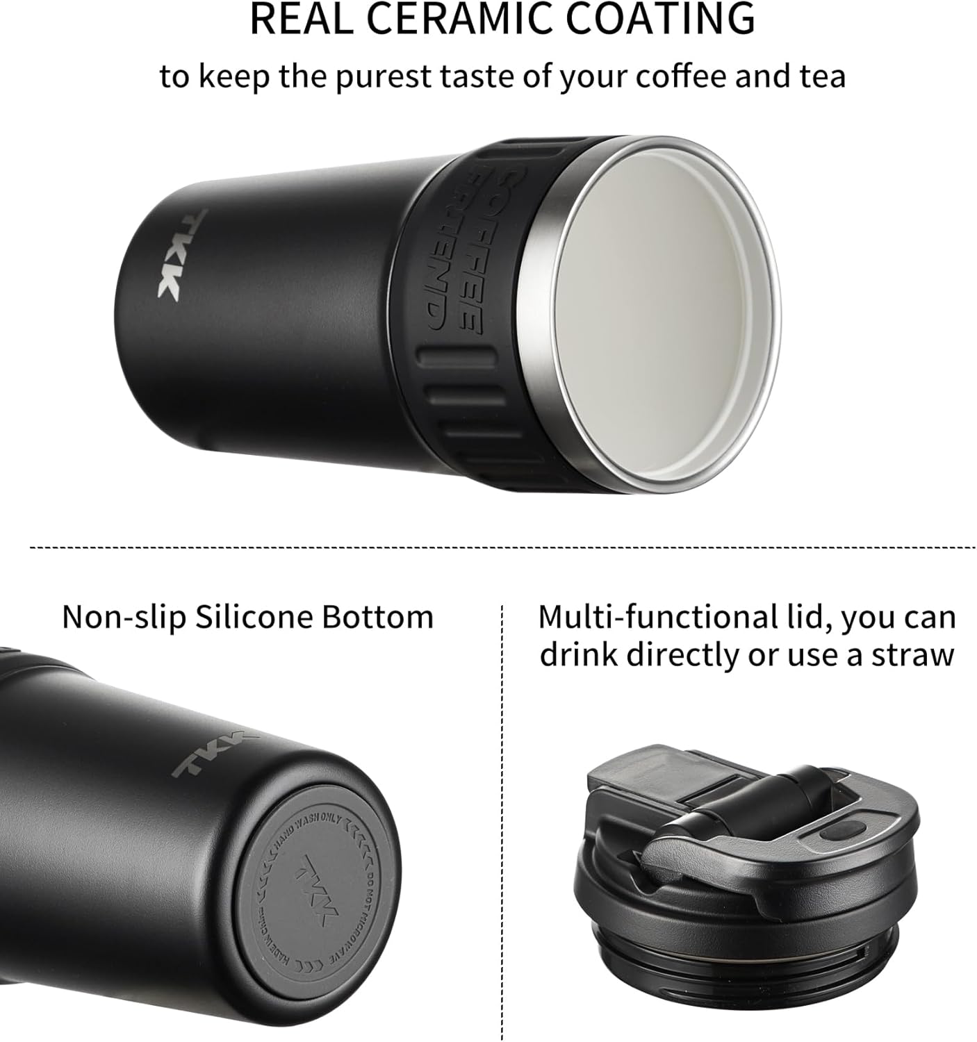 TKK Insulated Coffee Mug with Ceramic Coating, 21oz Iced Coffee Tumbler Cup with Straw Lid Double Wall Vacuum Leak Proof Travel Mug with Strap for Hot and Iced Beverage, Tungsten Steel