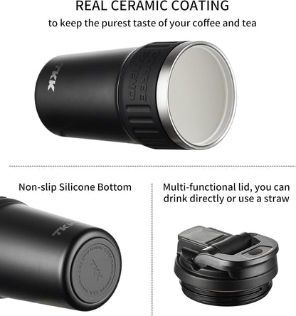 TKK Insulated Coffee Mug with Ceramic Coating, 21oz Iced Coffee Tumbler Cup with Straw Lid Double Wall Vacuum Leak Proof Travel Mug with Strap for Hot and Iced Beverage, Tungsten Steel