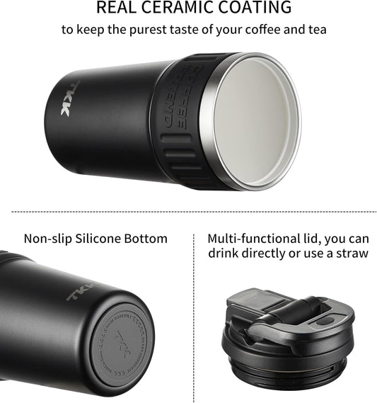 TKK Insulated Coffee Mug with Ceramic Coating, 21oz Iced Coffee Tumbler Cup with Straw Lid Double Wall Vacuum Leak Proof Travel Mug with Strap for Hot and Iced Beverage, Tungsten Steel
