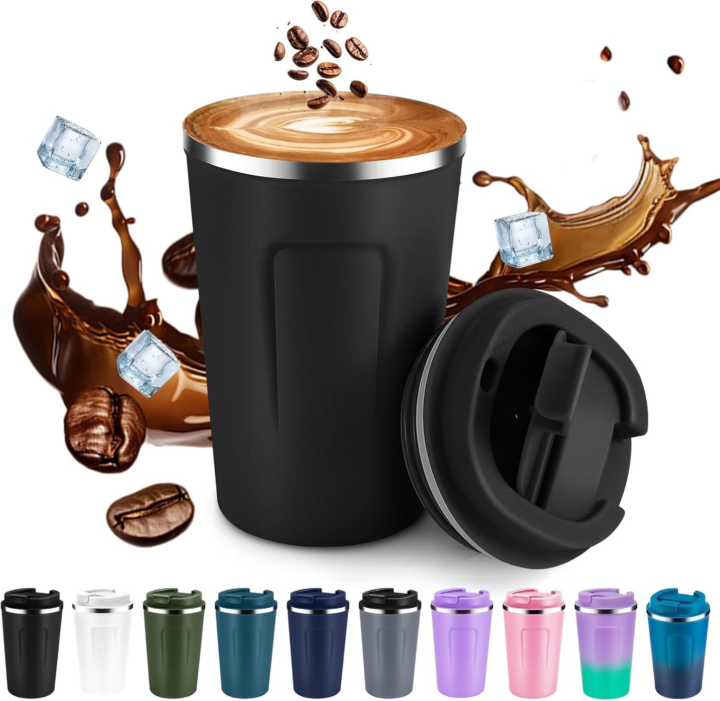 Volhoply 12 oz Double Wall Insulated Vacuum Travel Coffee Mugs with Flip Lid Bulk 2 Pack,Reusable Stainless Steel Leak Proof Coffee Cup,Portable Cafe Thermal Tumbler for Hot & Cold Drinks(Mix,2 Set)