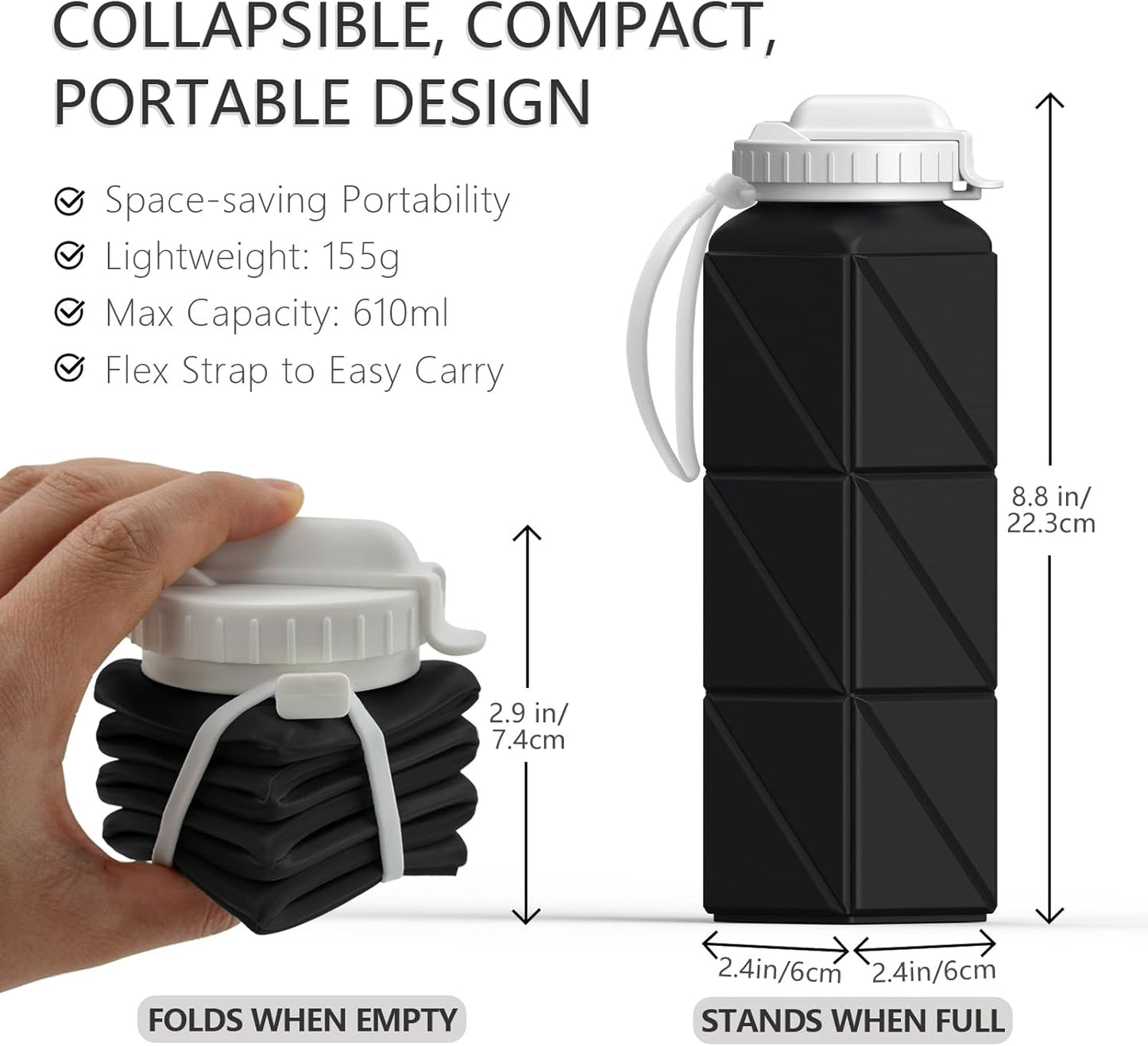 BEAUTAIL Collapsible Water Bottles 20.6oz, Silicone Foldable Portable Travel Water Bottle, Lightweight Reusable Leakproof for Traveling Camping Hiking Cycling Yoga Sports Outdoor