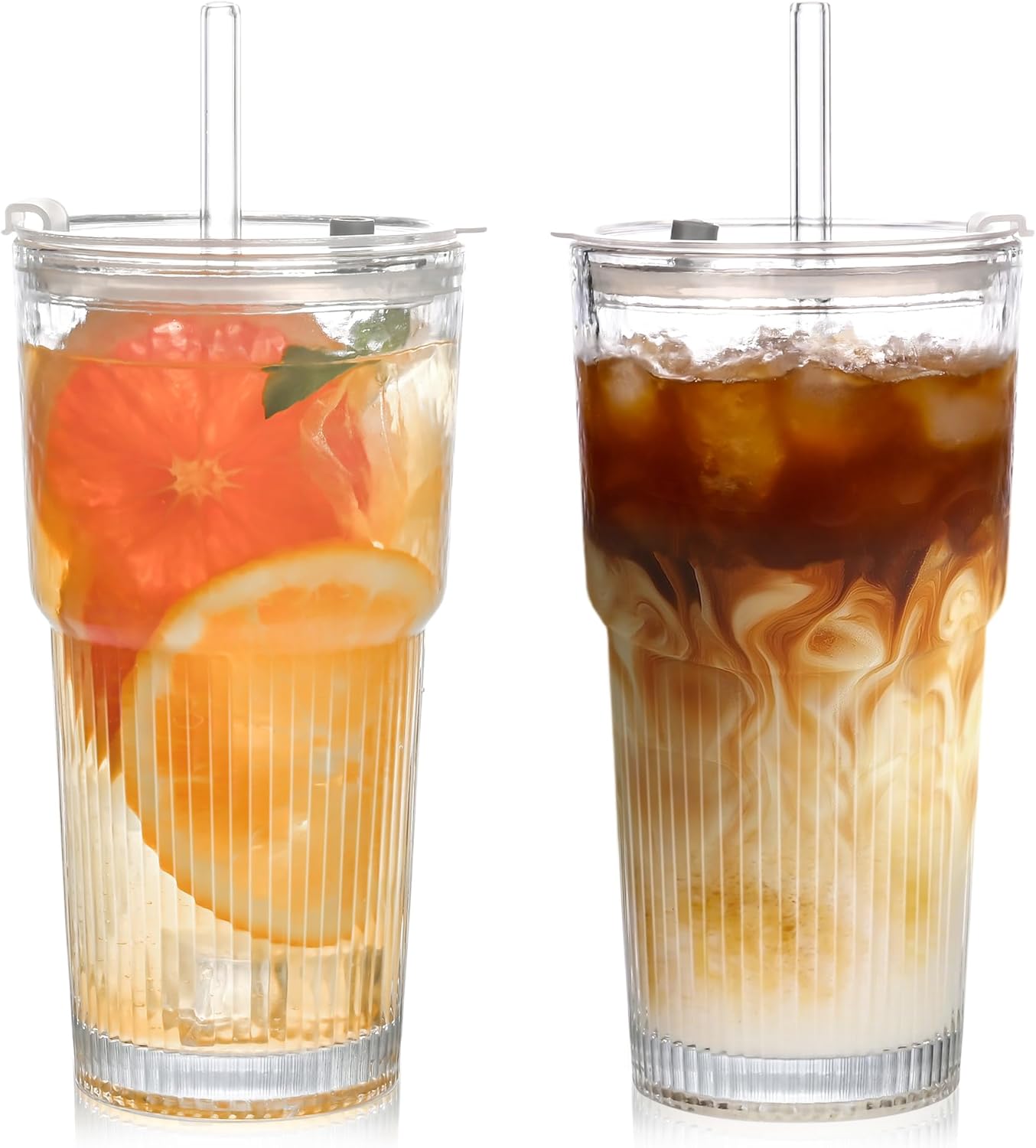 20oz Glass Tumblers with Lids and Straws,2PCS Glass Cups with Lids and Straws,Iced Coffee Cups with Lid,Drinking Glasses for Juice, Smoothies