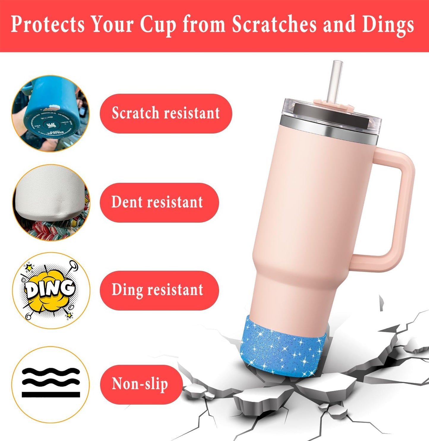 KTKUDY 2 PCS Glitter Silicone Boot Compatible with Stanley Tumbler 20 30 40 oz & Fits Hydro Flask Water Bottle 12-24oz & Fits Yeti, Simple Modern, Owala Cup - Bling Cup Bottom Protector Accessories