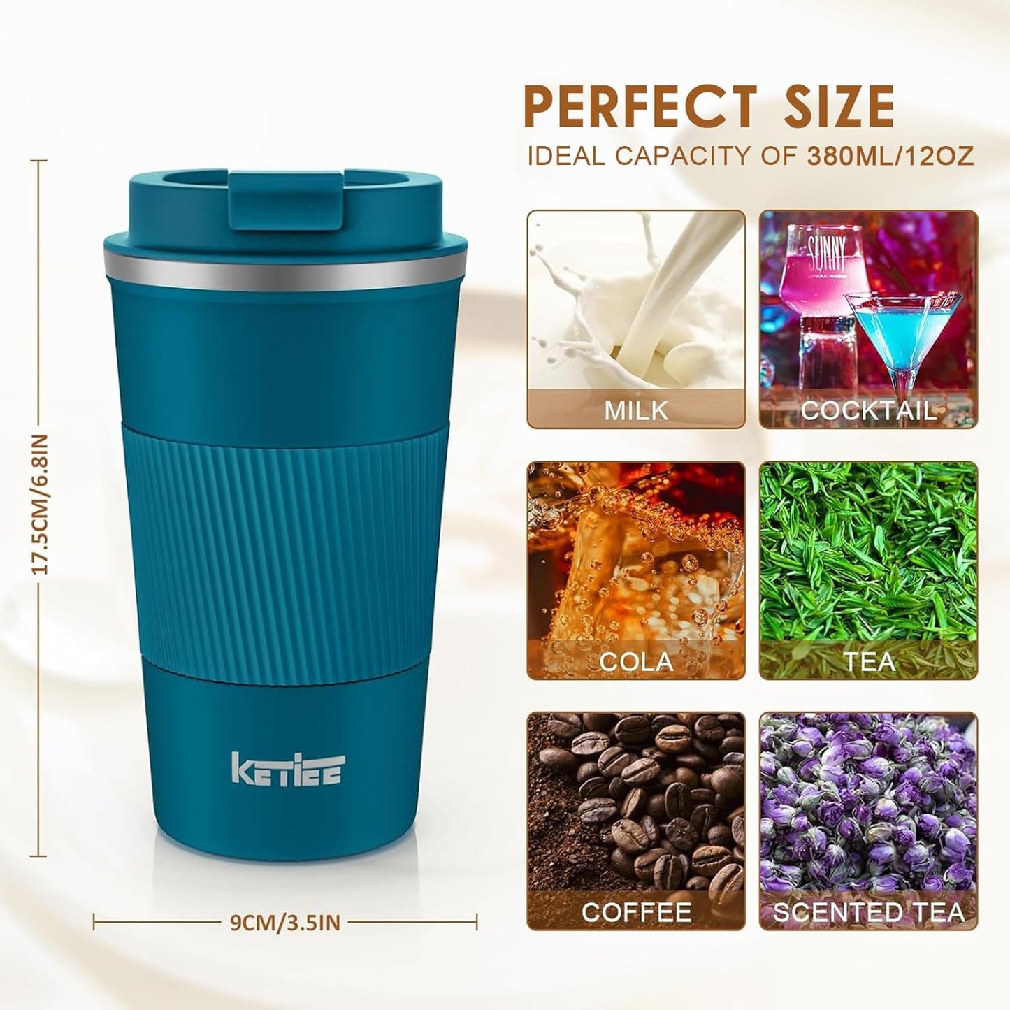KETIEE Travel Coffee Mug Spill Proof 12oz, Insulated Travel Mug to Go, Reusable Coffee Cup with Seal Lid, Vacuum Stainless Steel Tumbler for Hot/Cold Drinks (Red)