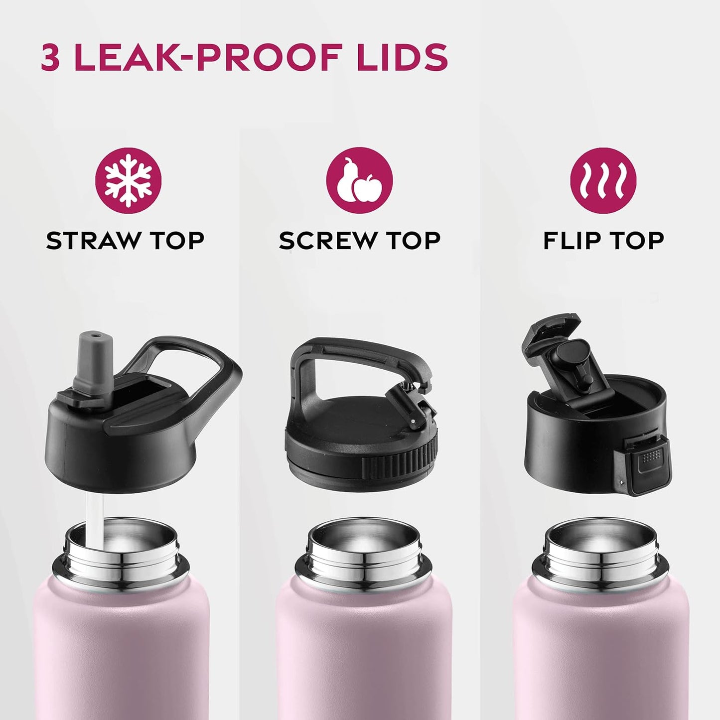 FineDine Water Bottle - Stainless Steel Insulated Water Bottle with Straw Lid, Flip Lid & Wide-Mouth Cap - Keeps Hot and Cold - 25 Oz / 739ml - Dreamy Purple