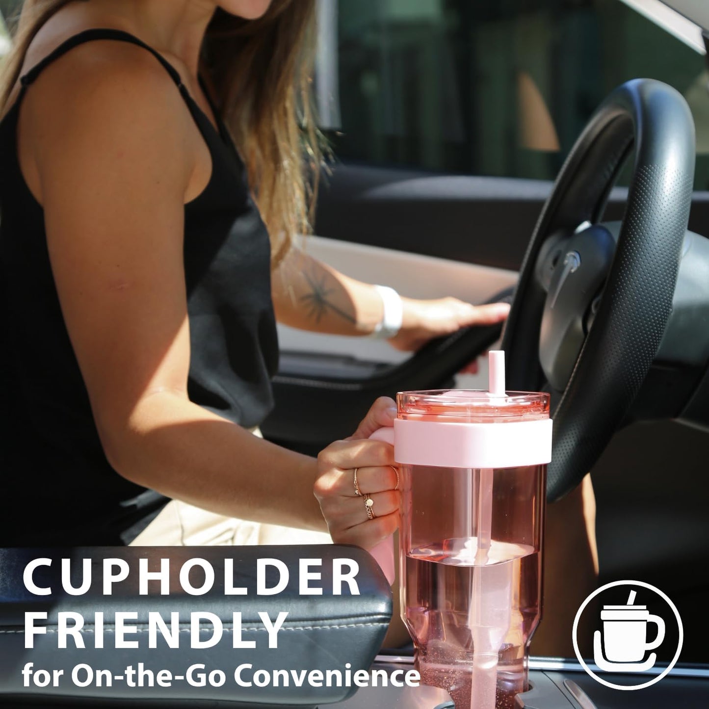 34oz Leakproof Straw Tumbler with Lid and Straw Double Wall Slim Coffee Cup Reusable BPA Free Plastic Travel Mug Integrated Handle Dishwasher Safe