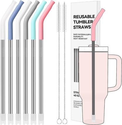 40 oz Straight Metal Straws for 40 oz Stanley Tumbler, 6 Pcs Stainless Steel Reusable Drinking Metal Straw with Colourful Silicone Tips,Straw for Glass Cups, BPA FREE
