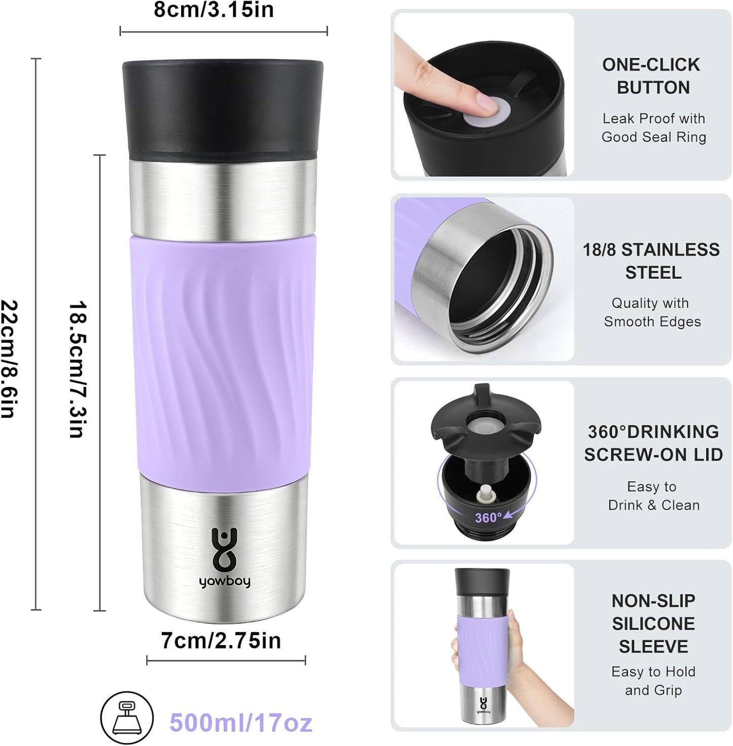 Travel Coffee Mug with 360°Lid, Travel Coffee Tumbler 16 oz Leak Proof, Stainless Steel Insulated Travel Mugs for Hot and Cold Spill Proof Leak Proof (Purple)