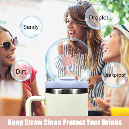 Flower Straw Covers Toppers for Stanley Cups 30&40 Oz Tumbler with Handle Accessories 4PCS Silicone Straw Caps Reusable Straws Tips Protectors for Stanley Cup 10mm 0.4in Straws,Off White