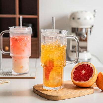 INSETLAN 24oz Ribbed Glass Tumbler with Handle & Lid – 2-Pack Large Iced Coffee Cups with Straws, Modern Glass Mug for Cold & Hot Beverages, Aesthetic Travel Cup for Smoothies, Tea, and Juice