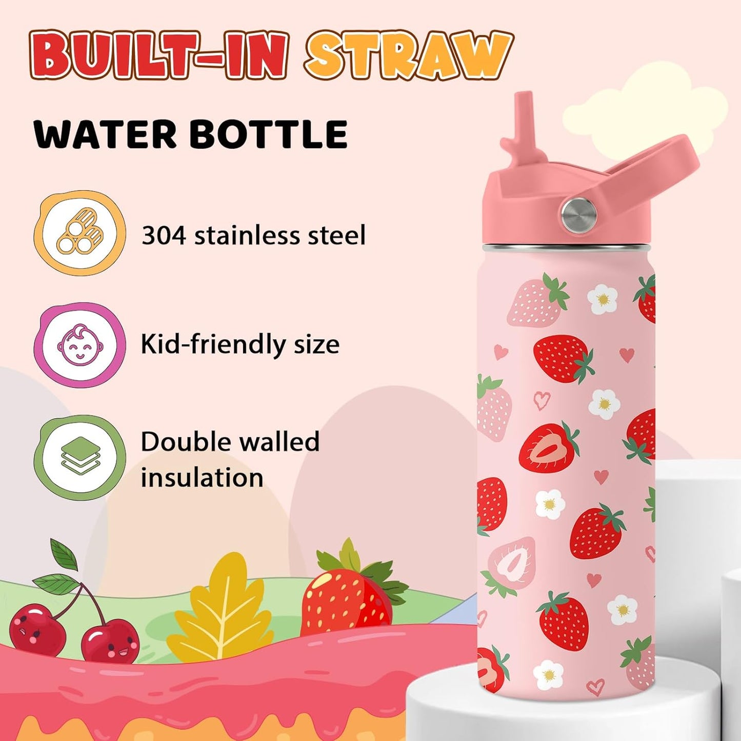 Strawberry Gifts for Kids - 16oz Pink Kids Water Bottle with Straw Lid, Stainless Steel Insulated Water Bottle, Leakproof, BPA-Free, for Girls, School, Strawberry Lover Children Birthday Gift Cup(1pc)