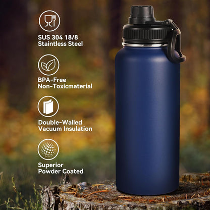 Neihepal 32 oz Insulated Water Bottle with 2 Lids (Straw & Spout Lid), 18/8 Stainless Steel Double Wall Water Bottles for Gym, Travel, Camping, Sports (Silver,1 Pack)