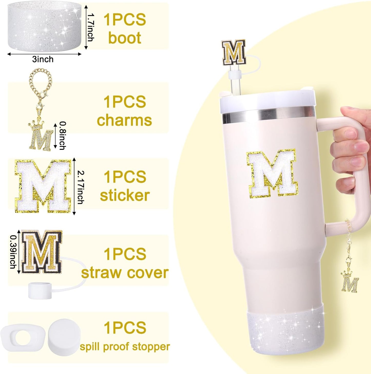 Mity Rain 6pc Cup Accessories Set for Stanley 30 oz & 40 oz Tumbler with Handle, Including Straw Cover Cap, Cup Initials Charm, Silicone Boot, Round & Square Spill Proof Stopper