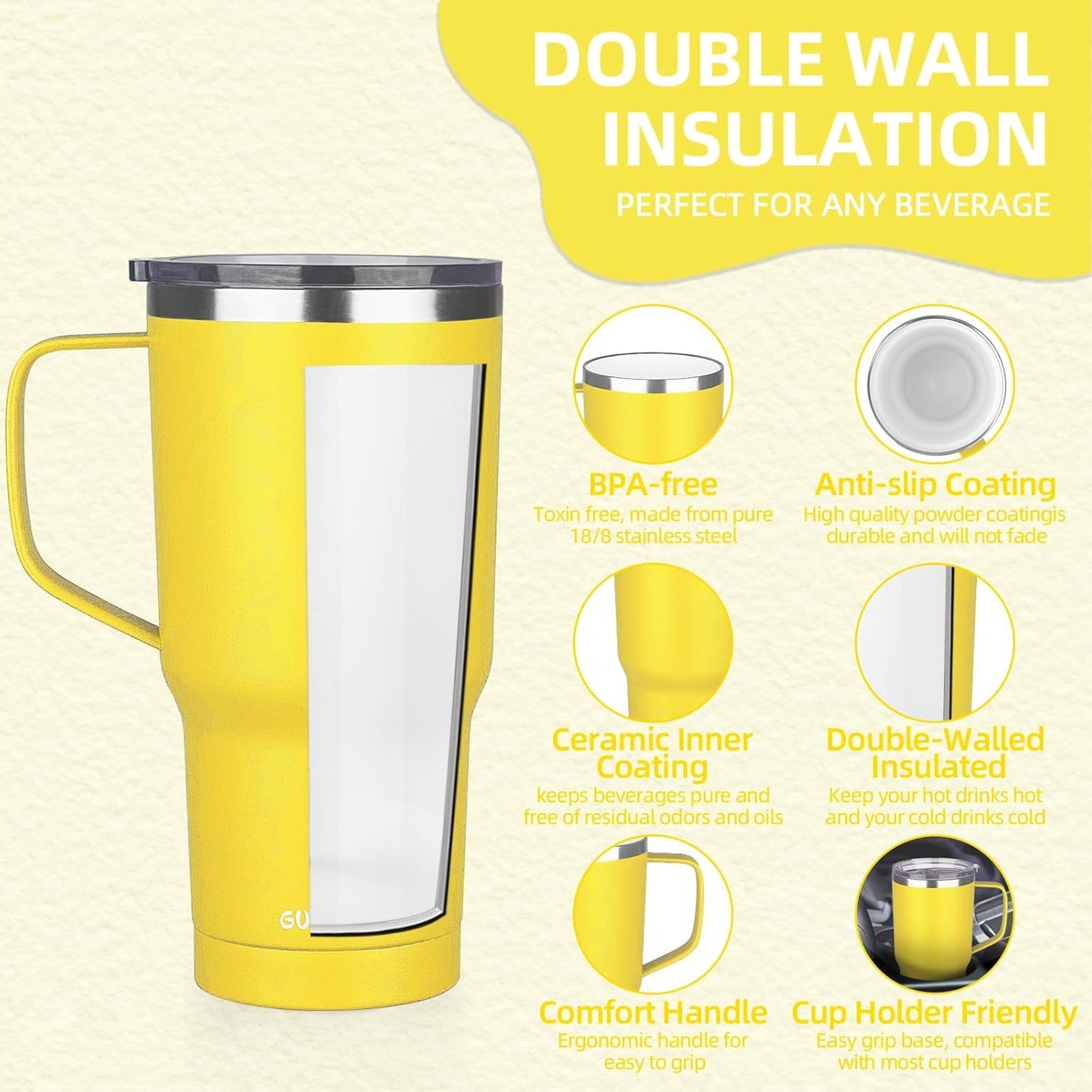20 oz Insulated Coffee Mug with Ceramic Coating, Stainless Steel Travel Mug Tumbler with Handle Lid and Straw, Double Wall Leak-Proof Coffee Travel Mug Keeps Drink Hot and Cold (Black)