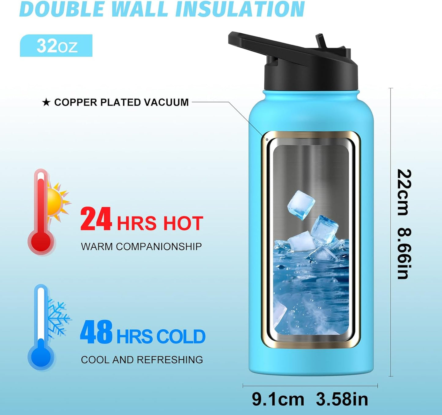 40oz Insulated Water Bottle (Cold for 48 Hrs),BPA Free&Leak Proof,Stainless Steel Water Flask,Water Jug with Straw Spout Lids for Gym,Hiking,Travel,Black Blue
