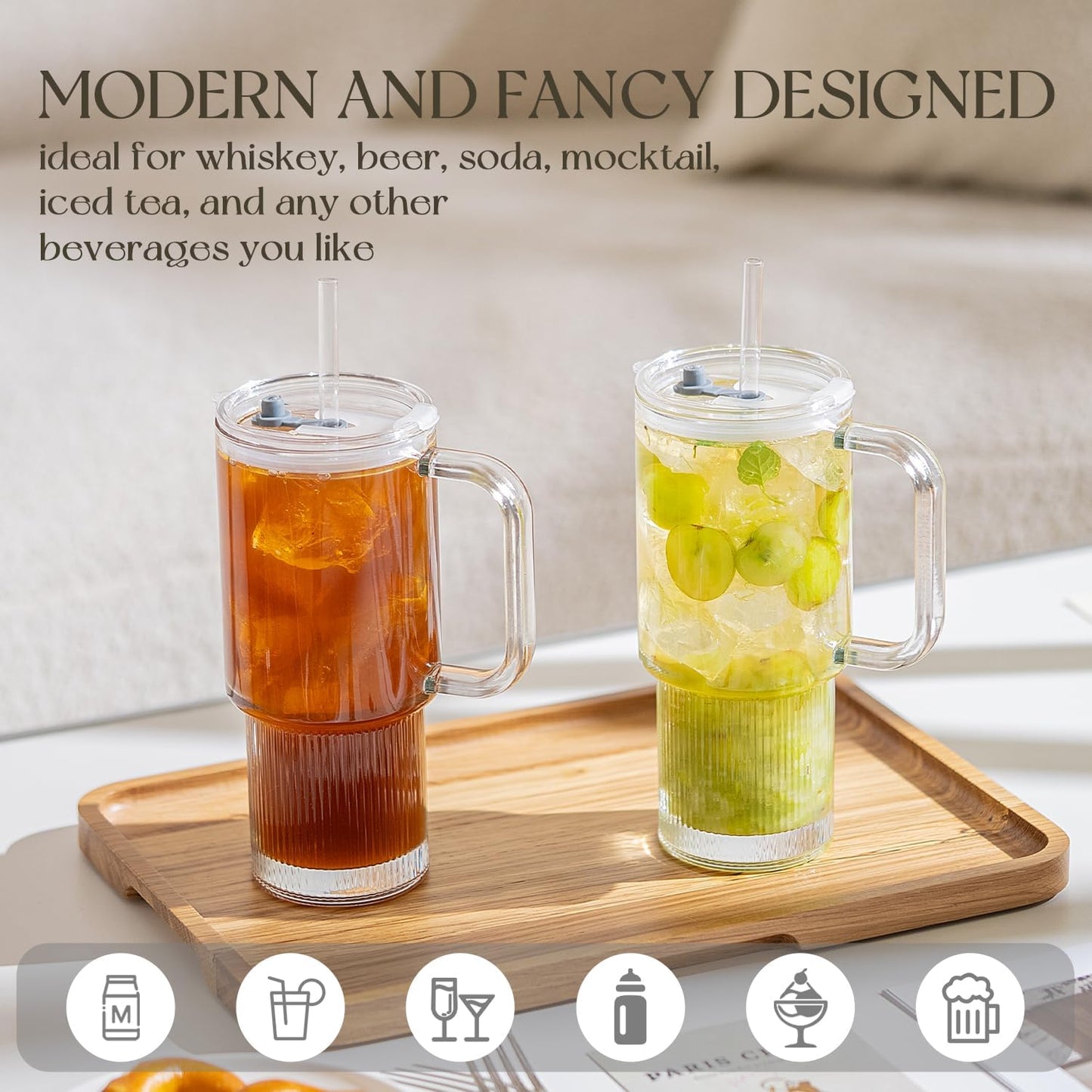 KEMORELA Large 26oz Clear Glass Mug with Handle and Sliding Lid – Aesthetic Ribbed Tumbler for Iced Coffee, Smoothies & Hot Drinks – Reusable Travel Cup with Straw, Dishwasher Safe (Ribbed Tumbler)