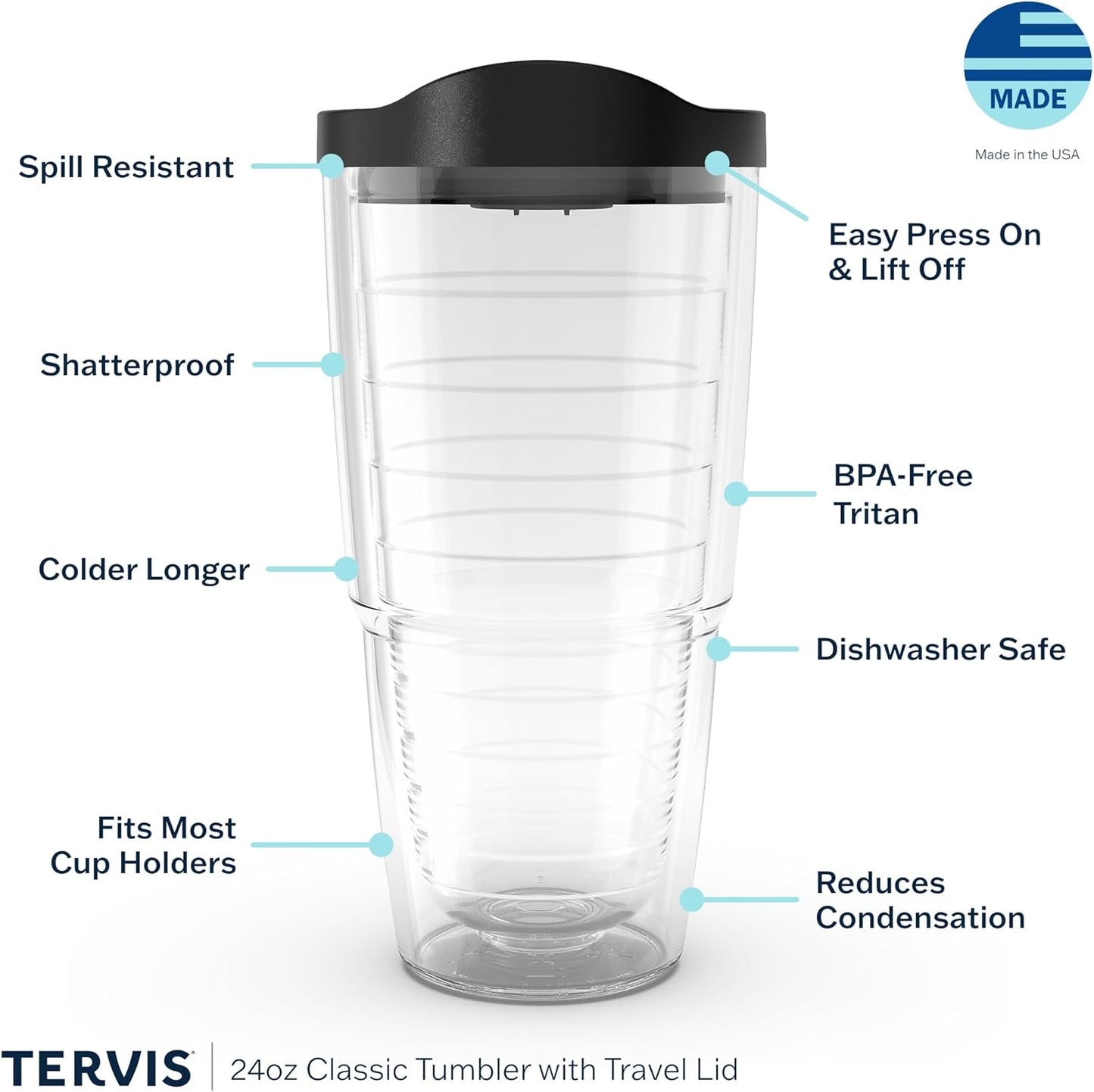 Tervis Clear & Colorful Lidded Made in USA Double Walled Insulated Tumbler Travel Cup Keeps Drinks Cold & Hot, 24oz, Black Lid, 1 Count (Pack of 1)