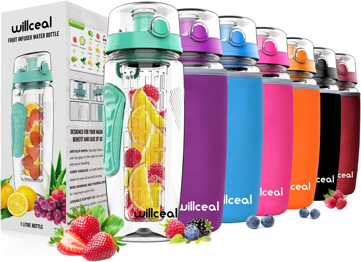 Fruit Infuser Water Bottle 32oz- Durable, Large - BPA Free Tritan, Flip Lid, Leak Proof Design - Sports, Camping